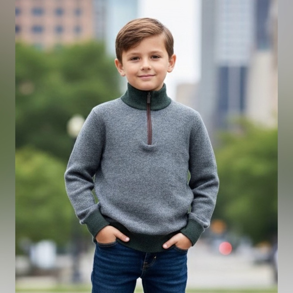 UNTUCKit Belguardo Jacquard Quarter-Zip Sweater, Gray/Green Merino Wool, Large